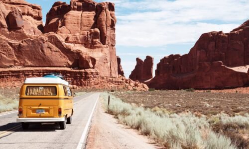 Yellow van on road