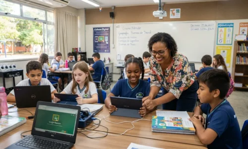 Aluno e professora em sala de aula interagem com tablets mostrando impacto tecnologia educação brasileira