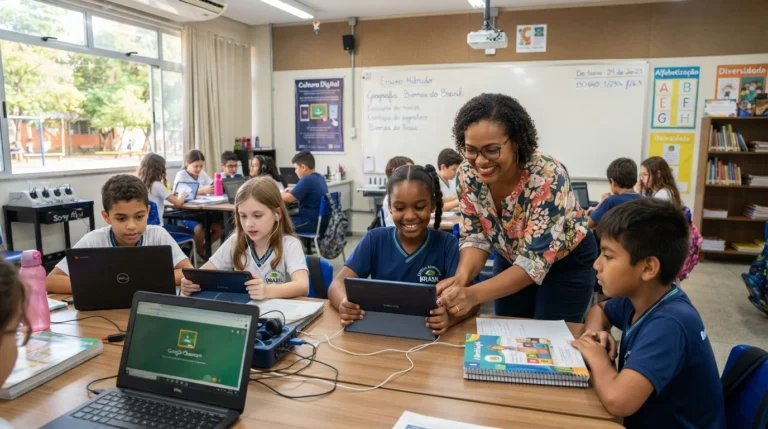 Aluno e professora em sala de aula interagem com tablets mostrando impacto tecnologia educação brasileira