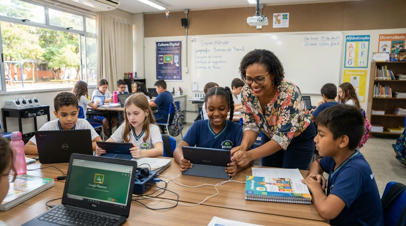 Aluno e professora em sala de aula interagem com tablets mostrando impacto tecnologia educação brasileira