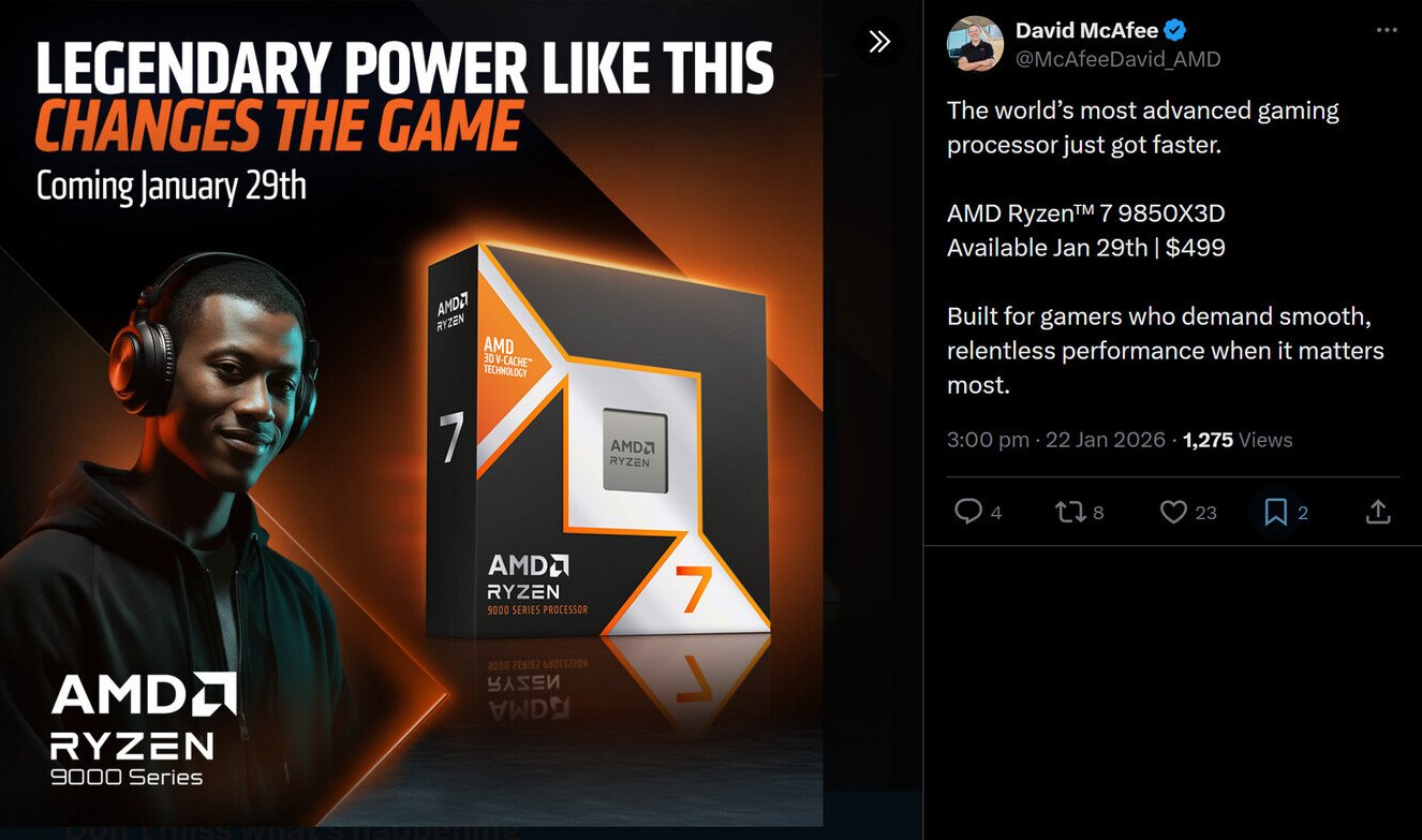AMD Officially Confirms Ryzen 7 9850X3D MSRP: $499 - Launching on January 29