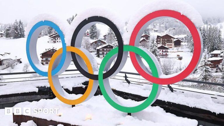 A view of snow-covered Olympic rings in Cortina d'Ampezzo