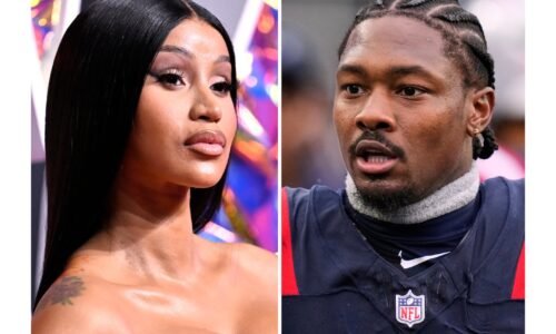Cardi B appears at the MTV Video Music Awards in Newark, N.J. on Sept. 12, 2023, left, and New England Patriots wide receiver Stefon Diggs appears at an NFL football game in Foxborough on Sept. 7, 2025.