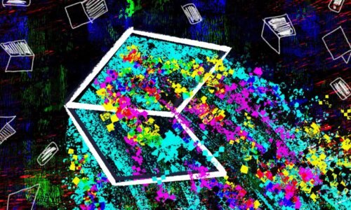an illustration of data spilling out of a laptop screen surrounded by patterns of laptops and other devices on a darkened background