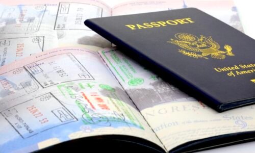 Travelers passport and international entry stamps