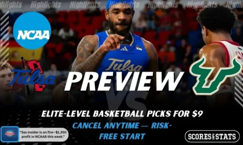 Tulsa Golden Hurricane vs South Florida Bulls picks and predictions preview graphic for February 8, 2026, featuring both team logos, a “Preview” stats label, and Tulsa basketball action in the background.
