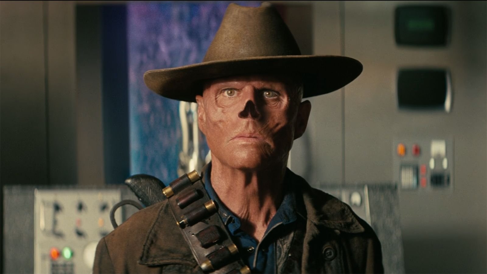 Cooper Howard/The Ghoul looking wide-eyed at a screen sitting off-camera in Fallout season 2 episode 7