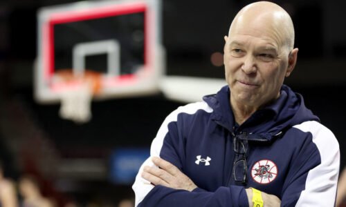 SPOKANE, WASHINGTON - MARCH 21: Head coach Randy Bennett of the St. Mary's Gaels looks on during pr...
