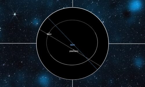 A graphic showing the trajectory of an asteroid as it passes close to Earth as a circular cutout in the middle of a composite image. The background is a field of stars with bright blue blotches of light.