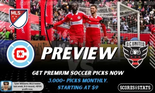 Chicago Fire FC vs DC United preview image with both team logos, a relevant soccer background, and the ScoresAndStats logo.