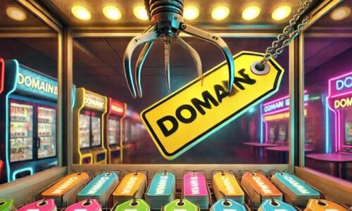 A claw amusement machine picking up a tag that says "domain"