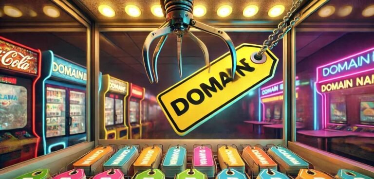 A claw amusement machine picking up a tag that says "domain"