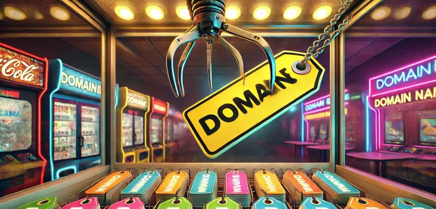 A claw amusement machine picking up a tag that says "domain"