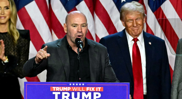 Dana White speaks at President Donald Trump's election night party in front of American flags and a 'Trump Will Fix It' sign