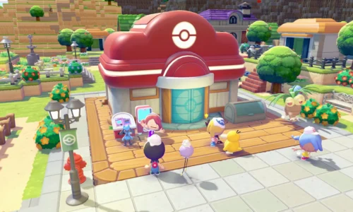 Ditto and friends outside a Pokémon Center in Pokémon Pokopia