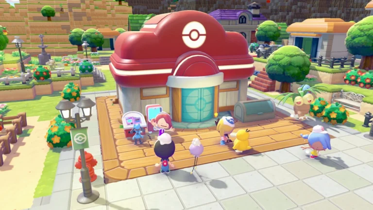 Ditto and friends outside a Pokémon Center in Pokémon Pokopia
