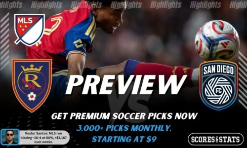 Real Salt Lake vs San Diego FC preview image with both team logos, a relevant soccer background, and the ScoresAndStats logo.