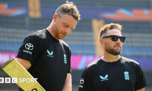 Head coach of England Brendon McCullum and Jos Buttler of England during an ICC Men's T20 World Cup India & Sri Lanka 2026 net session at Wankhede Stadium