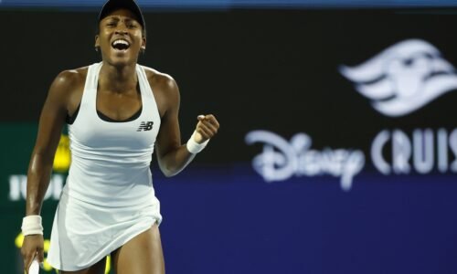 Coco Gauff celebrates a win over Alycia Parks at the 2026 Miami Open.