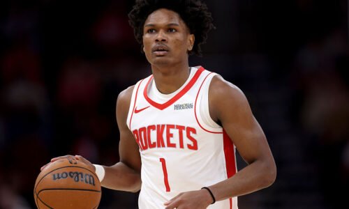 HOUSTON, TEXAS - FEBRUARY 05: Amen Thompson #1 of the Houston Rockets brings the ball up court in the first half against the Charlotte Hornets at Toyota Center on February 05, 2026 in Houston, Texas. NOTE TO USER: User expressly acknowledges and agrees that, by downloading and or using this photograph, User is consenting to the terms and conditions of the Getty Images License Agreement. (Photo by Tim Warner/Getty Images)