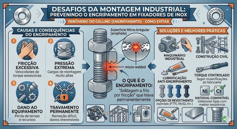 O aço inoxidável é amplamente escolhido na indústria por sua excepcional resistência à corrosão e durabilidade em ambientes severos. No entanto, engenheiros, projetistas e técnicos de manutenção frequentemente enfrentam um fenômeno crítico durante a montagem que pode comprometer cronogramas inteiros: o engripamento. Para garantir a integridade das conexões e a segurança operacional, é fundamental entendera engenharia do engripamento de roscas (galling) e soluções de mitigação, um problema reumatológico dos metais que pode levar ao travamento permanente de parafusos e porcas antes mesmo de atingirem o torque de projeto.