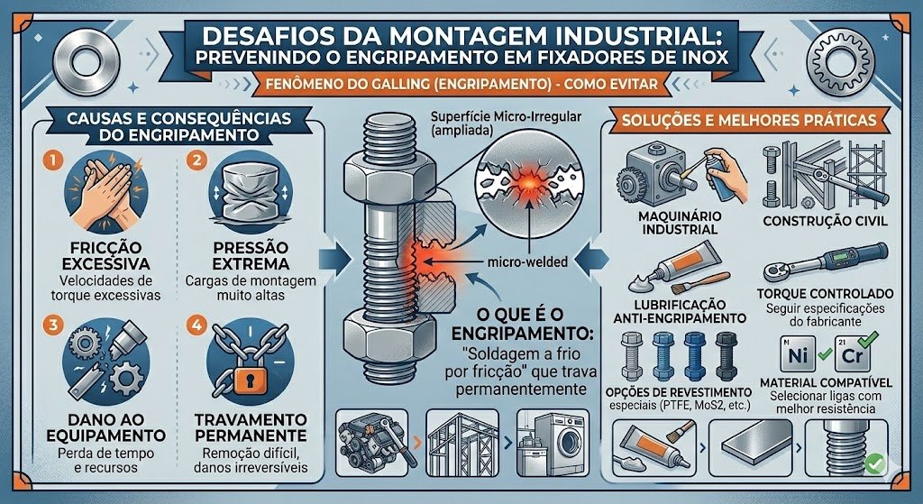 O aço inoxidável é amplamente escolhido na indústria por sua excepcional resistência à corrosão e durabilidade em ambientes severos. No entanto, engenheiros, projetistas e técnicos de manutenção frequentemente enfrentam um fenômeno crítico durante a montagem que pode comprometer cronogramas inteiros: o engripamento. Para garantir a integridade das conexões e a segurança operacional, é fundamental entendera engenharia do engripamento de roscas (galling) e soluções de mitigação, um problema reumatológico dos metais que pode levar ao travamento permanente de parafusos e porcas antes mesmo de atingirem o torque de projeto.