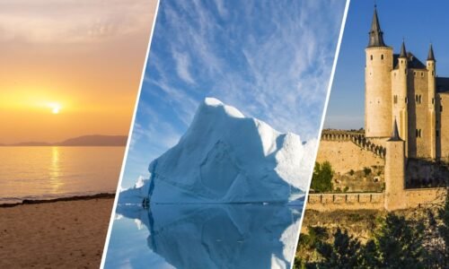 three panel image from left to right: sunset over a sandy beach. a large iceberg reflected in water below and a castle with tall turrets.