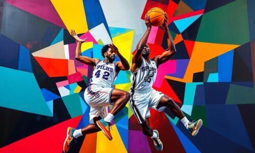 A fractured, cubist-style painting depicting the intense basketball action between Philadelphia 76ers center Joel Embiid and San Antonio Spurs rookie Victor Wembanyama, with sharp geometric shapes and planes in the teams