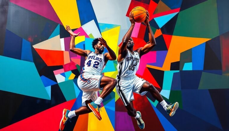 A fractured, cubist-style painting depicting the intense basketball action between Philadelphia 76ers center Joel Embiid and San Antonio Spurs rookie Victor Wembanyama, with sharp geometric shapes and planes in the teams