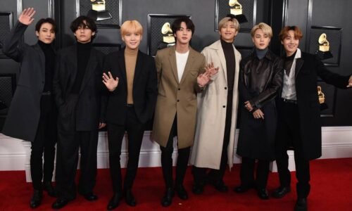 FILE - In this Jan. 26, 2020 file photo, K-pop band BTS arrives at the 62nd annual Grammy Awards in Los Angeles. (Photo by Jordan Strauss/Invision/AP, File)