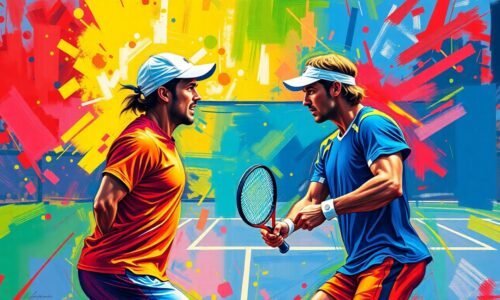 An abstract, expressionist painting featuring bold, neon-colored brushstrokes that convey the intense energy and competitive spirit of a tennis match, without any recognizable figures or text.