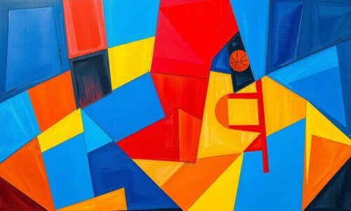 A fractured, geometric painting in bold primary colors depicting the dynamic movements and competing perspectives of a basketball game or baseball diamond, conveying the thrill of high-stakes professional sports.