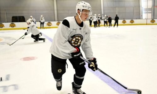 James Hagens, the Bruins’ 7th overall draft pick, does a drill during the first day of Bruins Development Camp at Warrior Arena in Brighton on Monday, June 30, 2025.