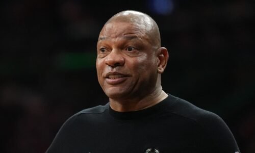 Milwaukee Bucks head coach Doc Rivers reacts against the Philadelphia 76ers in the third quarter at Xfinity Mobile Arena on April 12, 2026.