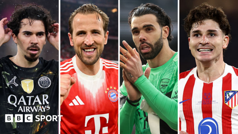 Graphic of Vitinha, Harry Kane, David Raya and Julian Alvarez