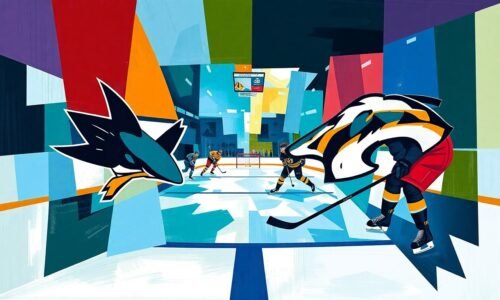 A fractured, multi-perspective painting in vibrant colors, breaking down a hockey game into sharp, overlapping geometric planes to capture the strategic complexity and raw energy of the on-ice action.