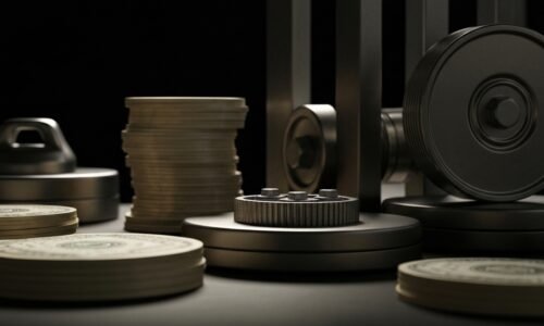 An extreme close-up of complex financial machinery and equipment, conveying a sense of institutional power and security without depicting any literal currency or financial symbols.