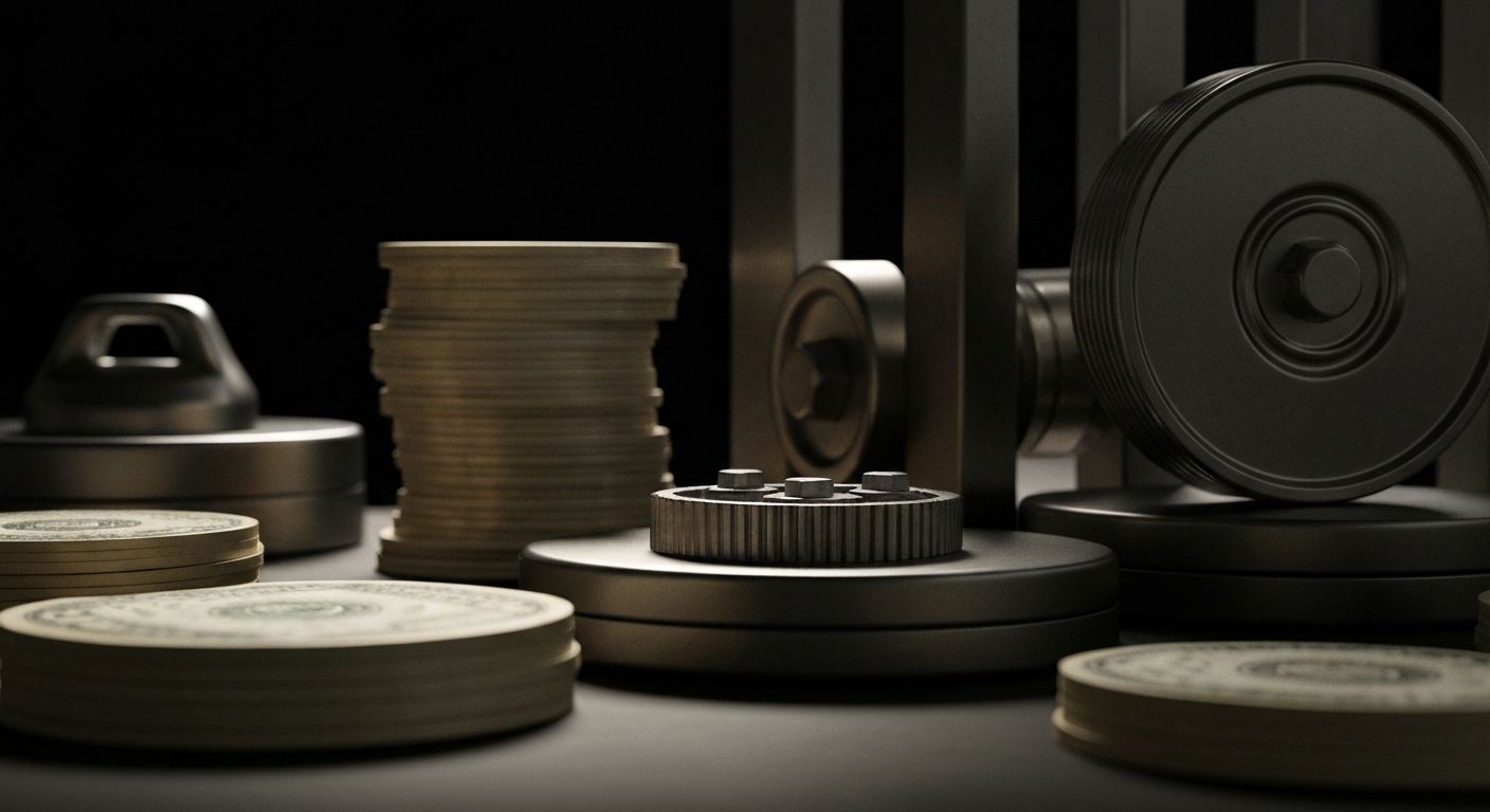 An extreme close-up of complex financial machinery and equipment, conveying a sense of institutional power and security without depicting any literal currency or financial symbols.