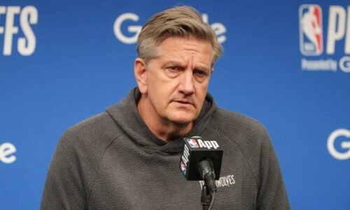 Apr 25, 2026; Minneapolis, Minnesota, USA; Minnesota Timberwolves head coach Chris Finch talks with the press before the 2026 NBA Playoffs first round game against the Denver Nuggets at Target Center. Mandatory Credit: Matt Blewett-Imagn Images
