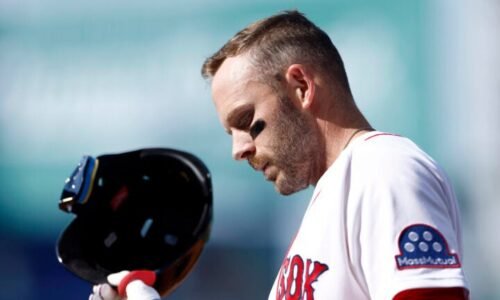 Boston Red Sox shortstop Trevor Story (10) reacts after grounding out resulting in a double play to end the fifth inning during the season home opener against the San Diego Padres at Fenway Park on April 3, 2026 in Boston.