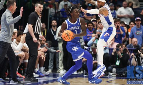 Dec 21, 2025; Gainesville, Florida, USA; Colgate Raiders guard Jalen Cox (3) dribbles the ball against the Florida Gators during the first half at Exactech Arena at the Stephen C. O'Connell Center. Mandatory Credit: Matt Pendleton-Imagn Images