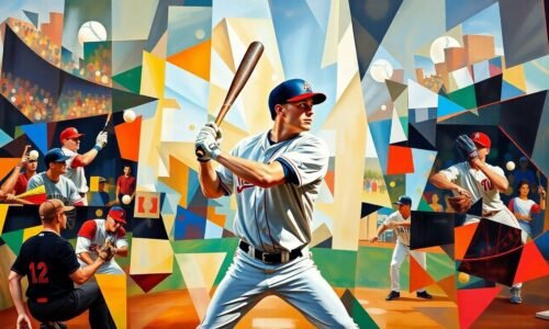 A fragmented, geometric painting depicting a baseball player in motion, with the background broken down into abstract shapes and planes of color, capturing the raw athleticism and competitive spirit of the game.