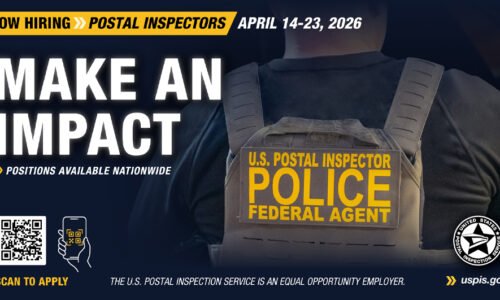 Inspection service recruitment graphic displaying a someone wearing a tactical vest and application acceptance dates