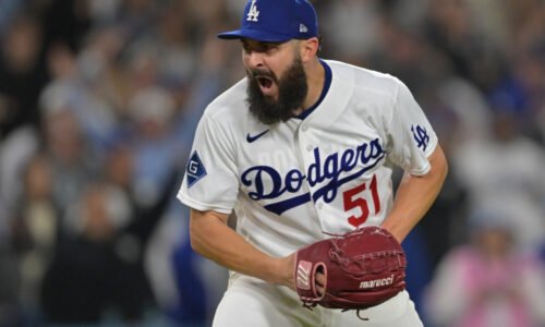 Apr 14, 2026; Los Angeles, California, USA;  Los Angeles Dodgers pitcher Alex Vesia (51) reacts after the final out of the ninth as he earned a save against the New York Mets at Dodger Stadium. Mandatory Credit: Jayne Kamin-Oncea-Imagn Images