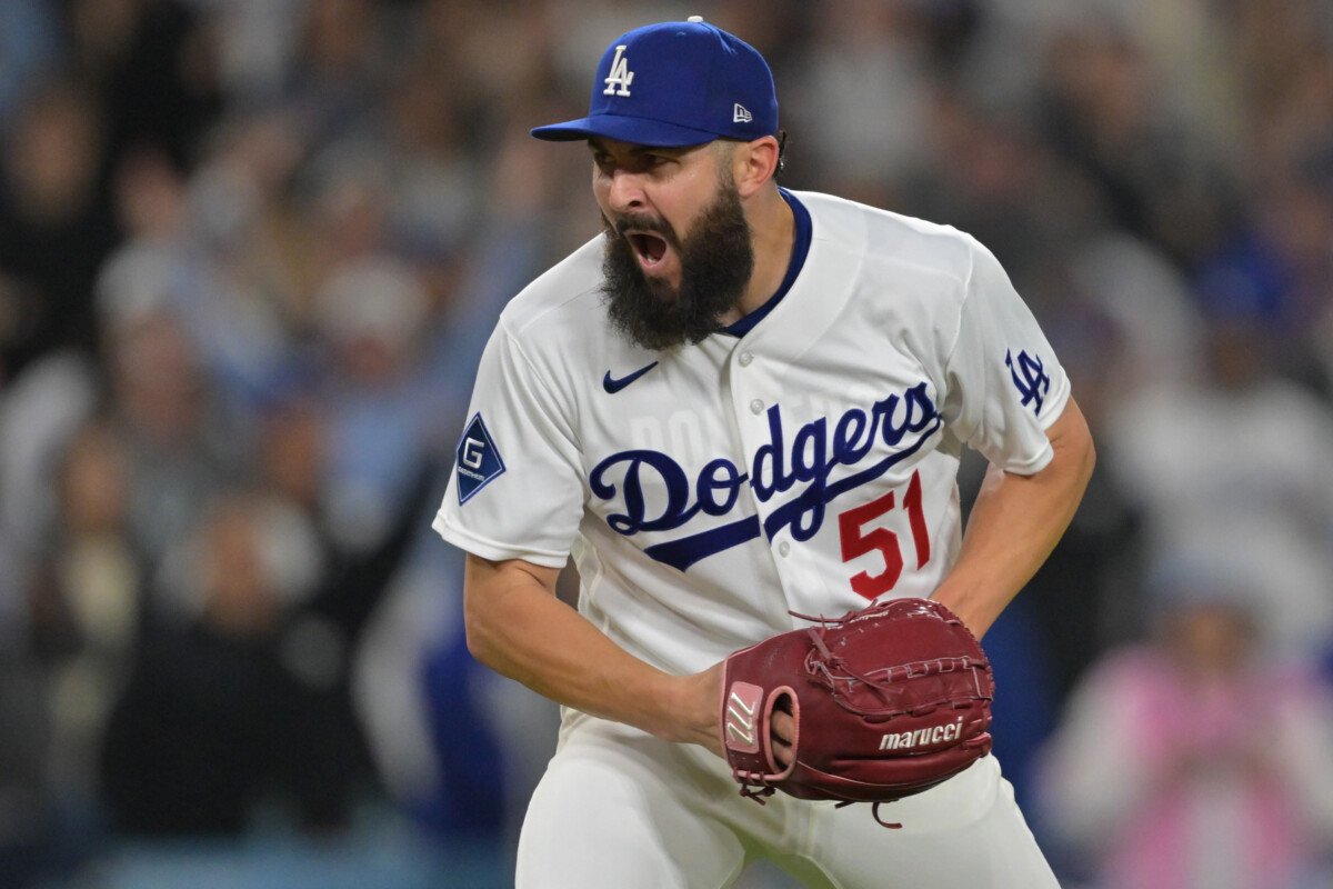 Apr 14, 2026; Los Angeles, California, USA; Los Angeles Dodgers pitcher Alex Vesia (51) reacts after the final out of the ninth as he earned a save against the New York Mets at Dodger Stadium. Mandatory Credit: Jayne Kamin-Oncea-Imagn Images