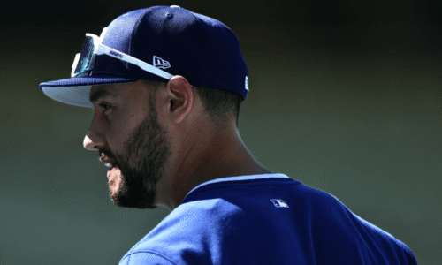 Michael Conforto #23 of the Los Angeles Dodgers at batting practice before the game against the Chicago White Sox at Dodger Stadium on July 01, 2025 in Los Angeles, California. (Photo by Harry How/Getty Images)