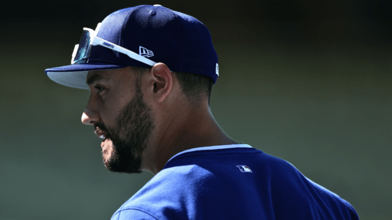 Michael Conforto #23 of the Los Angeles Dodgers at batting practice before the game against the Chicago White Sox at Dodger Stadium on July 01, 2025 in Los Angeles, California. (Photo by Harry How/Getty Images)