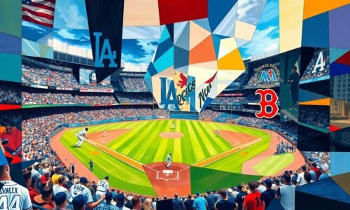 A cubist, geometric painting depicting a baseball game or match, with sharp, overlapping planes of color representing the Dodgers