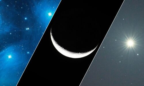 A three panel image showing the Pleiades open star cluster on the left, with a crescent upturned moon against a black sky in the middle and the bright, star-like form of Venus on the right.