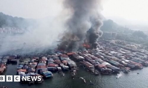 Drone footage shows huge Malaysian coastal village fire